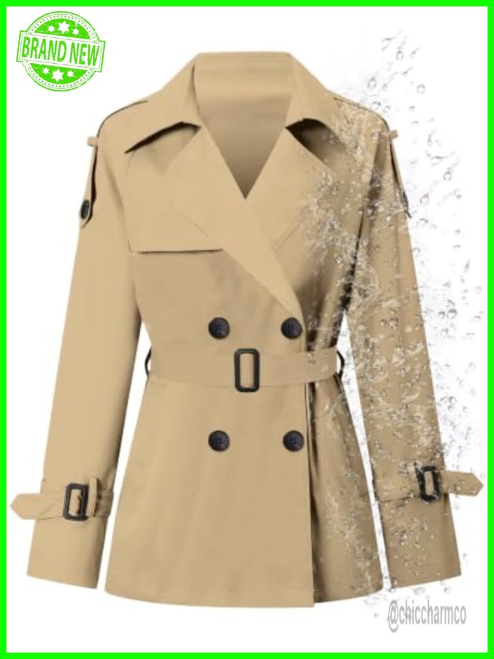 Water-Repellent Double Breasted Belted Short Trench Coat